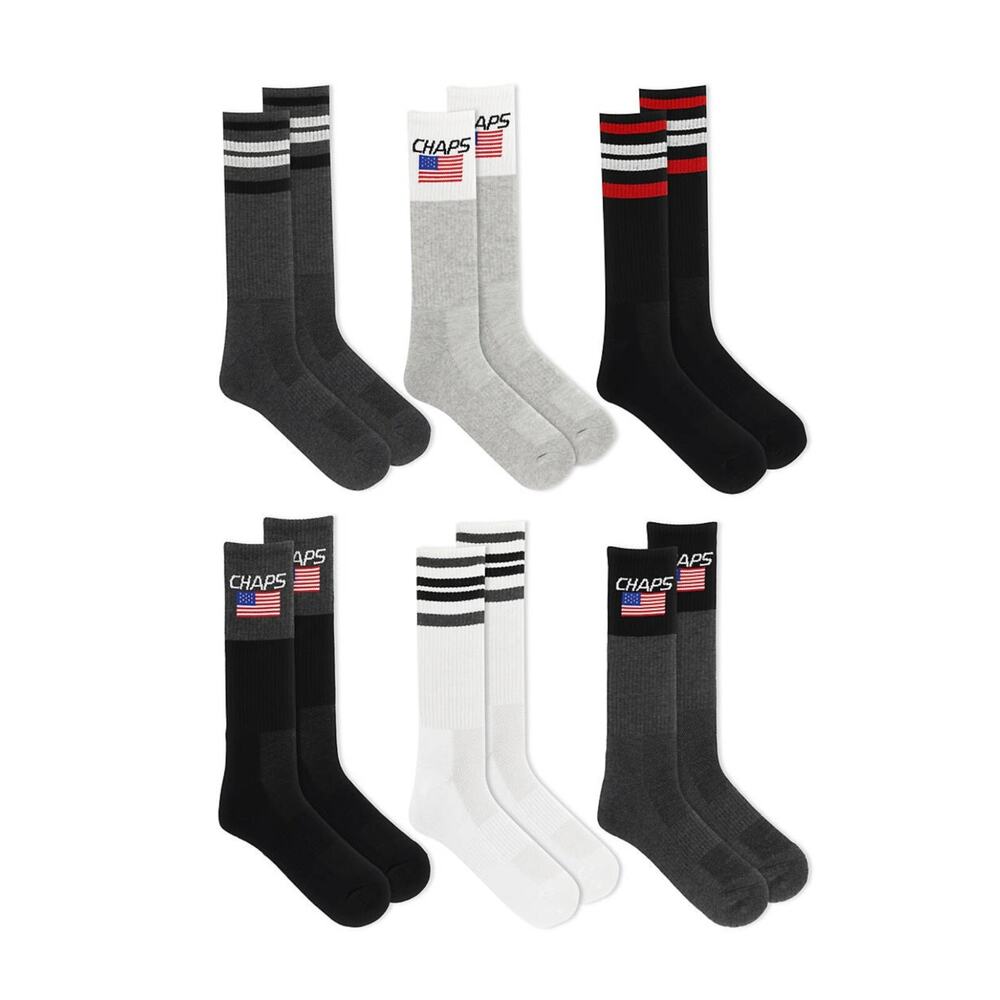 NEW Chaps Men’s Athletic Crew Socks 6 Pairs Arch Support Black Shoe Size 6-12.5